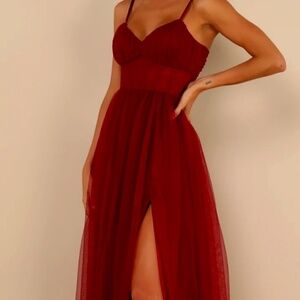 Convincingly Graceful Wine Red Tulle Sleeveless Maxi Dress